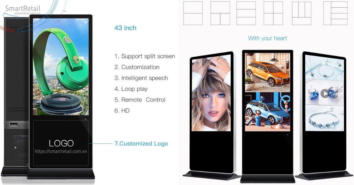 Cảm ứng chân đứng 55 inch | Màn hình cảm ứng LCD chân đứng 55 inch | Digital Standee Touchscreen - SmartRetail Màn hình quảng cáo cảm ứng chân đứng | Màn hình LCD cảm ứng chân đứng | Digital Standee Touchscreen - SmartRetail