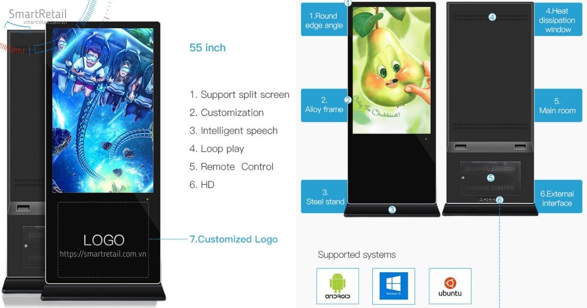 Cảm ứng chân đứng 55 inch | Màn hình cảm ứng LCD chân đứng 55 inch | Digital Standee Touchscreen - SmartRetail Màn hình quảng cáo cảm ứng chân đứng | Màn hình LCD cảm ứng chân đứng | Digital Standee Touchscreen - SmartRetail