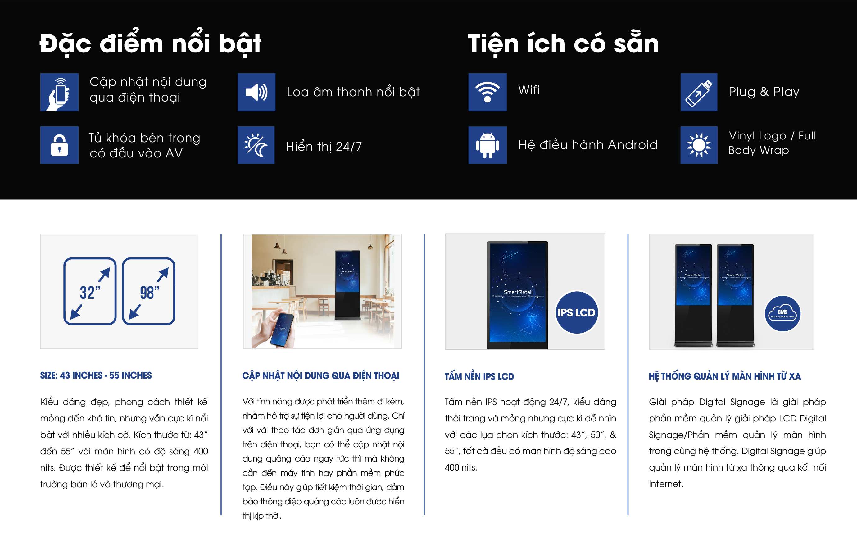 Đặc điểm màn hình quảng cáo chân đứng 32 inch Đặc điểm màn hình quảng cáo chân đứng 32 inch