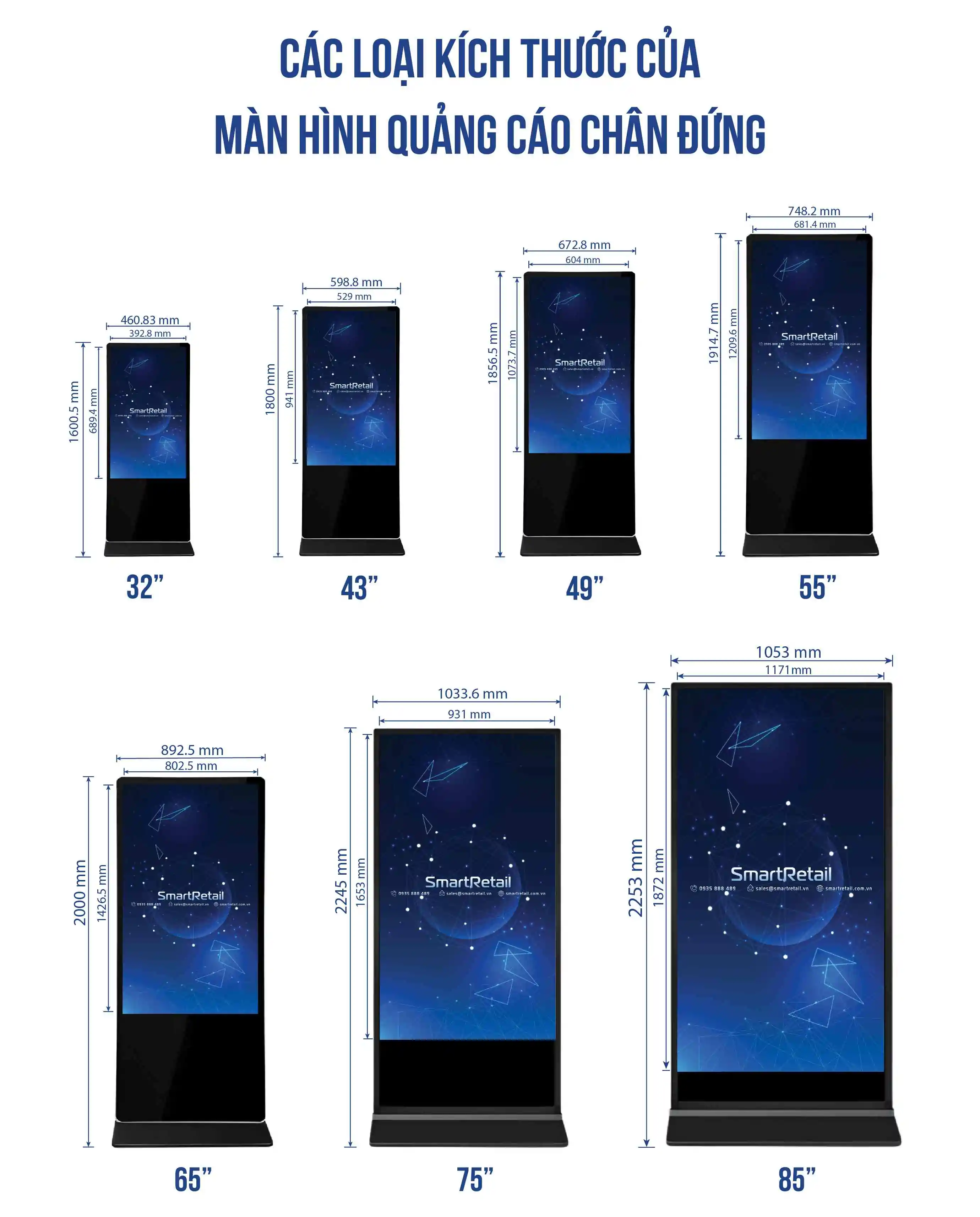 Kích thước màn hình quảng cáo chân đứng 32 inch