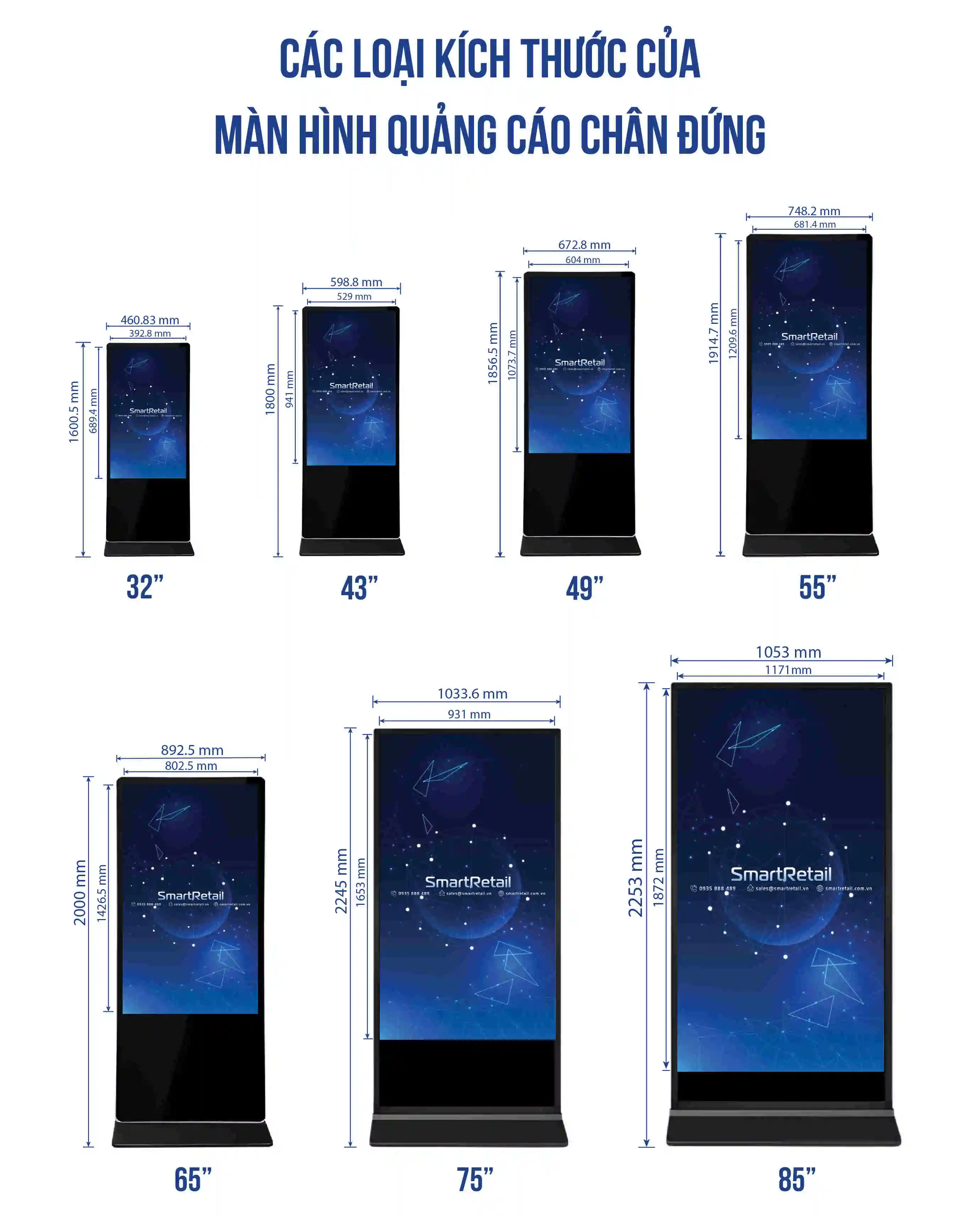 Kích thước màn hình quảng cáo chân đứng 43 inch 