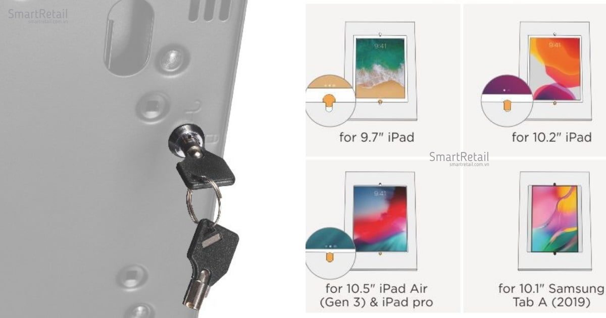 Giá đỡ Tablet SR-FSL-01A | Giá đỡ máy tính bảng chân đứng, hộp đựng Tablet có khóa an toàn, phù hợp cho các loại Tablet iPad/ Samsung - SmartRetail Giá đỡ iPad 9.7 Inch/ iPad 10.2 Inch/ iPad 10.5 Inch/ iPad Gen3/ Samsung 10.1 Inch - SmartRetail