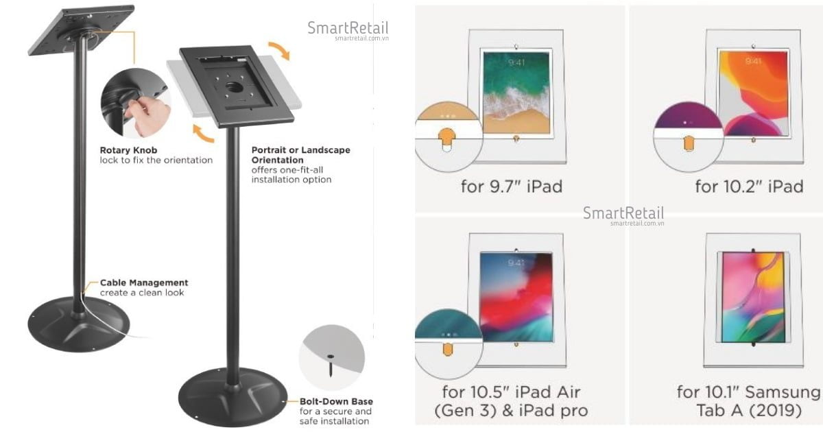 Giá đỡ Tablet SR-FSL-01A | Giá đỡ máy tính bảng chân đứng, hộp đựng Tablet có khóa an toàn, phù hợp cho các loại Tablet iPad/ Samsung - SmartRetail Giá đỡ iPad-Samsung chân đứng | Giá đỡ máy tính bảng chân đứng - SmartRetail