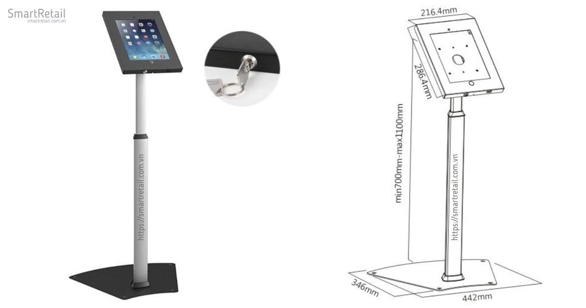 Giá đỡ Tablet chân đứng SR-FSL-02B | Giá đỡ máy tính bảng chân đứng điều chỉnh tăng giảm chiều cao, hộp bảo vệ có khóa an toàn và tùy chọn phù hợp các loại iPad/ Samsung - SmartRetail Giá đỡ Tablet chân đứng - Giá đỡ máy tính bảng chân đứng tăng giảm chiều cao - SmartRetail