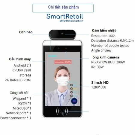 Máy đo thân nhiệt nhận diện khuôn mặt, kiểm tra khẩu trang và quét QR Code khai báo Y tế - SmartRetail