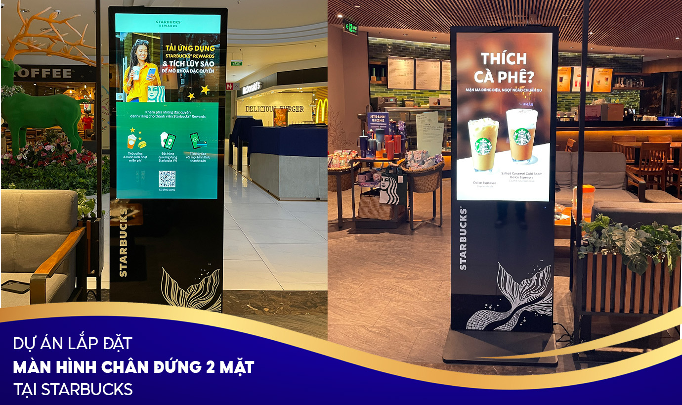 Hình ảnh màn hình chân đứng hai mặt tại chuỗi Starbucks Hình ảnh màn hình chân đứng hai mặt tại chuỗi Starbucks