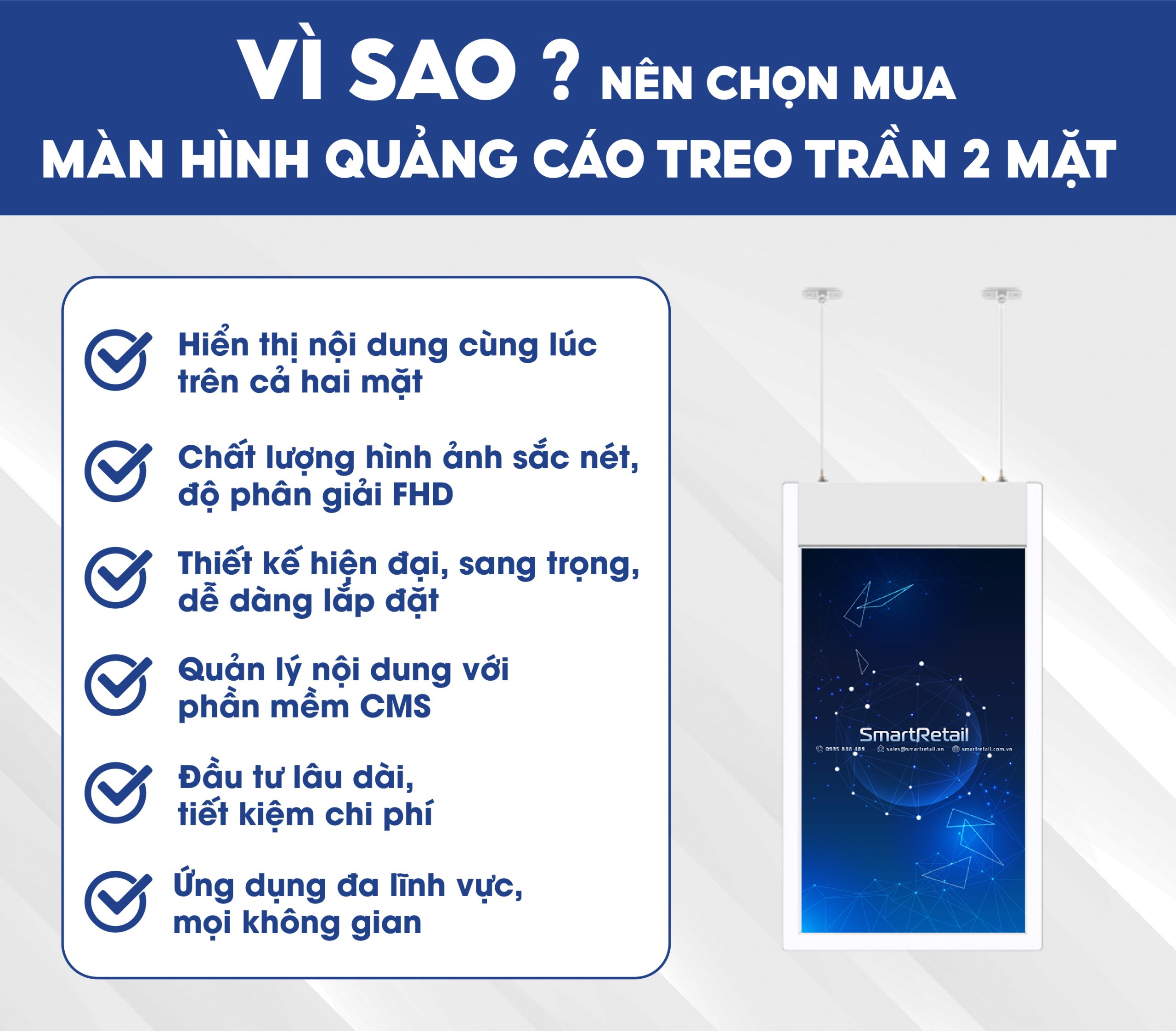 Man Hinh Quang Cao | Man Hinh Treo Tran | Man Hinh Treo Tran Hai Mat | Smartretail