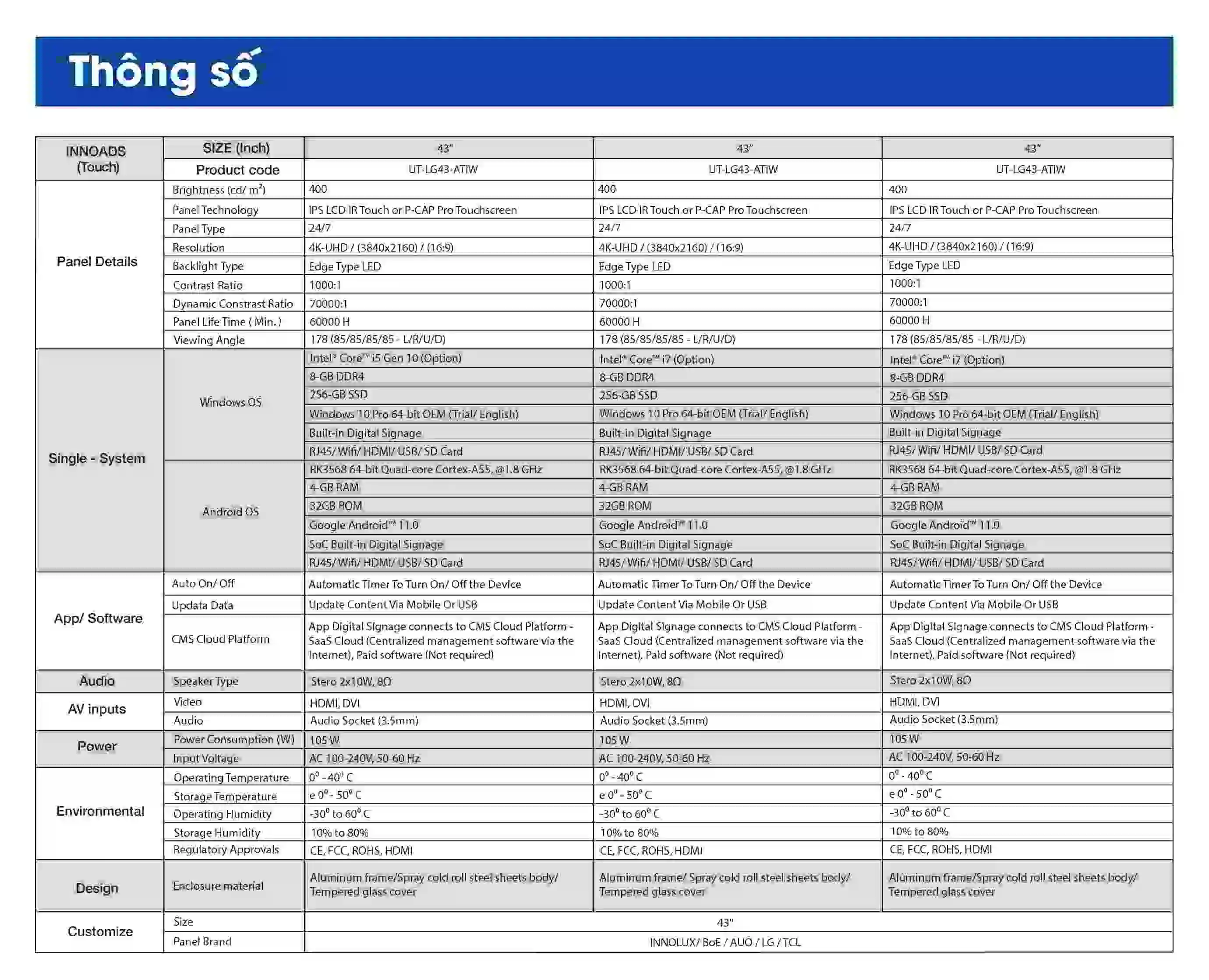 Thông số kỹ thuật màn hình cảm ứng chân quỳ nguyên khối | SmartRetail 