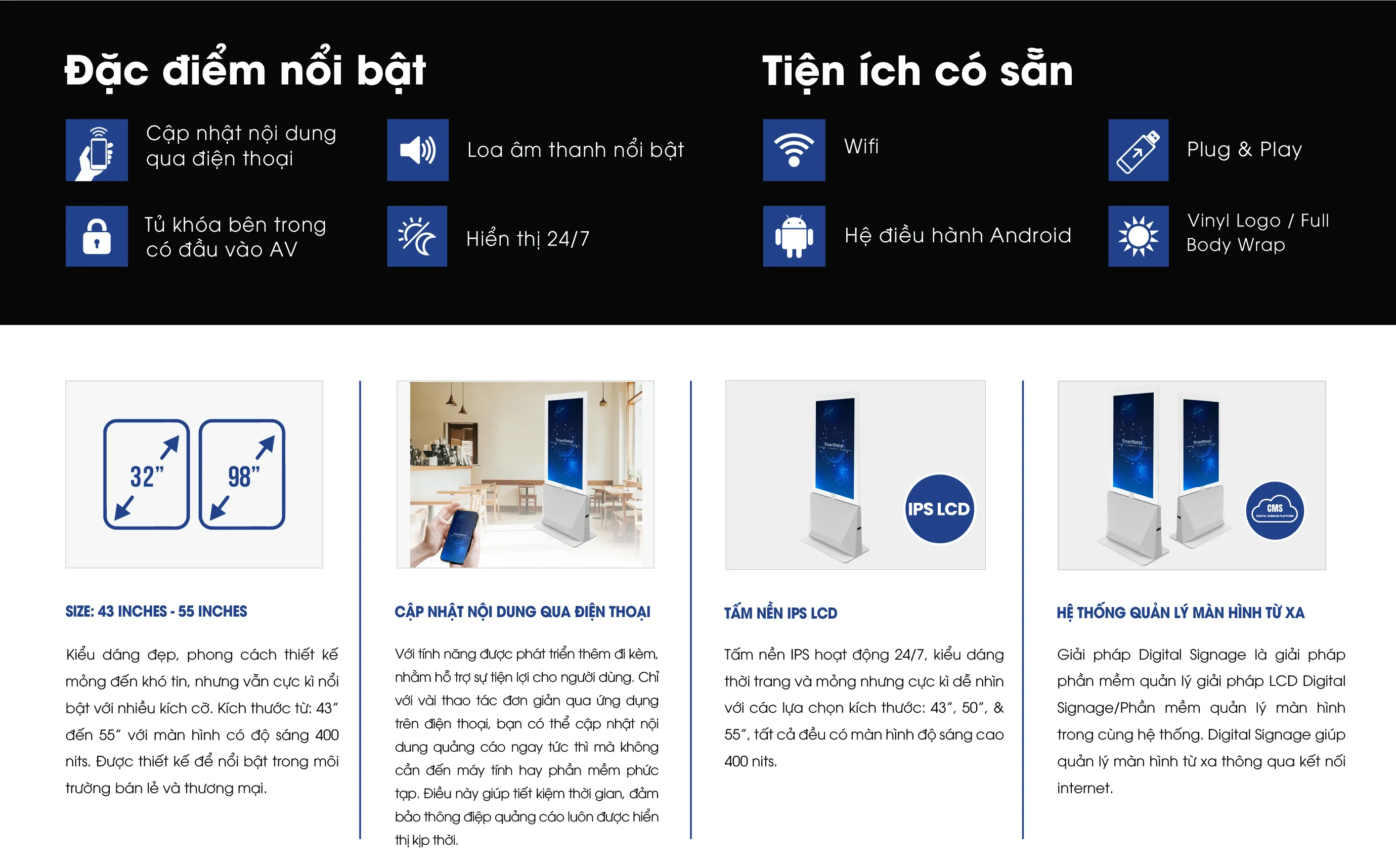 Đặc điểm nổi bật sản phẩm màn hình quảng cáo chân đứng trong suốt 