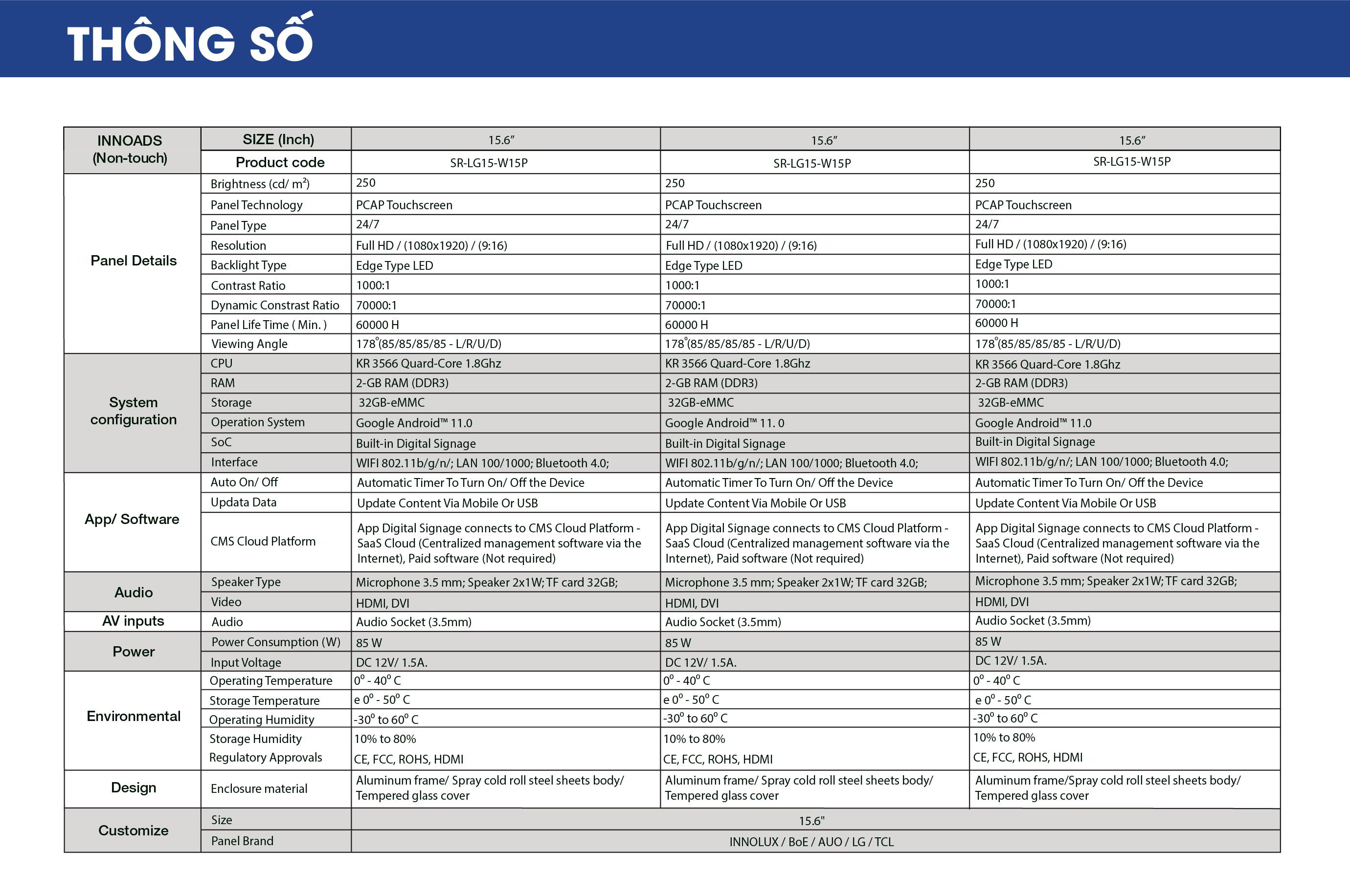 Thông số kỹ thuật màn hình cảm ứng lcd để bàn