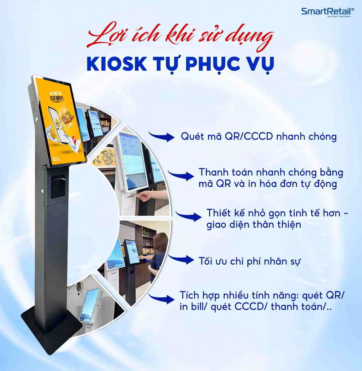 Tính năng và lợi ích khi sử dụng Kiosk tự phục vụ | SmartRetail Tính năng và lợi ích khi sử dụng Kiosk tự phục vụ