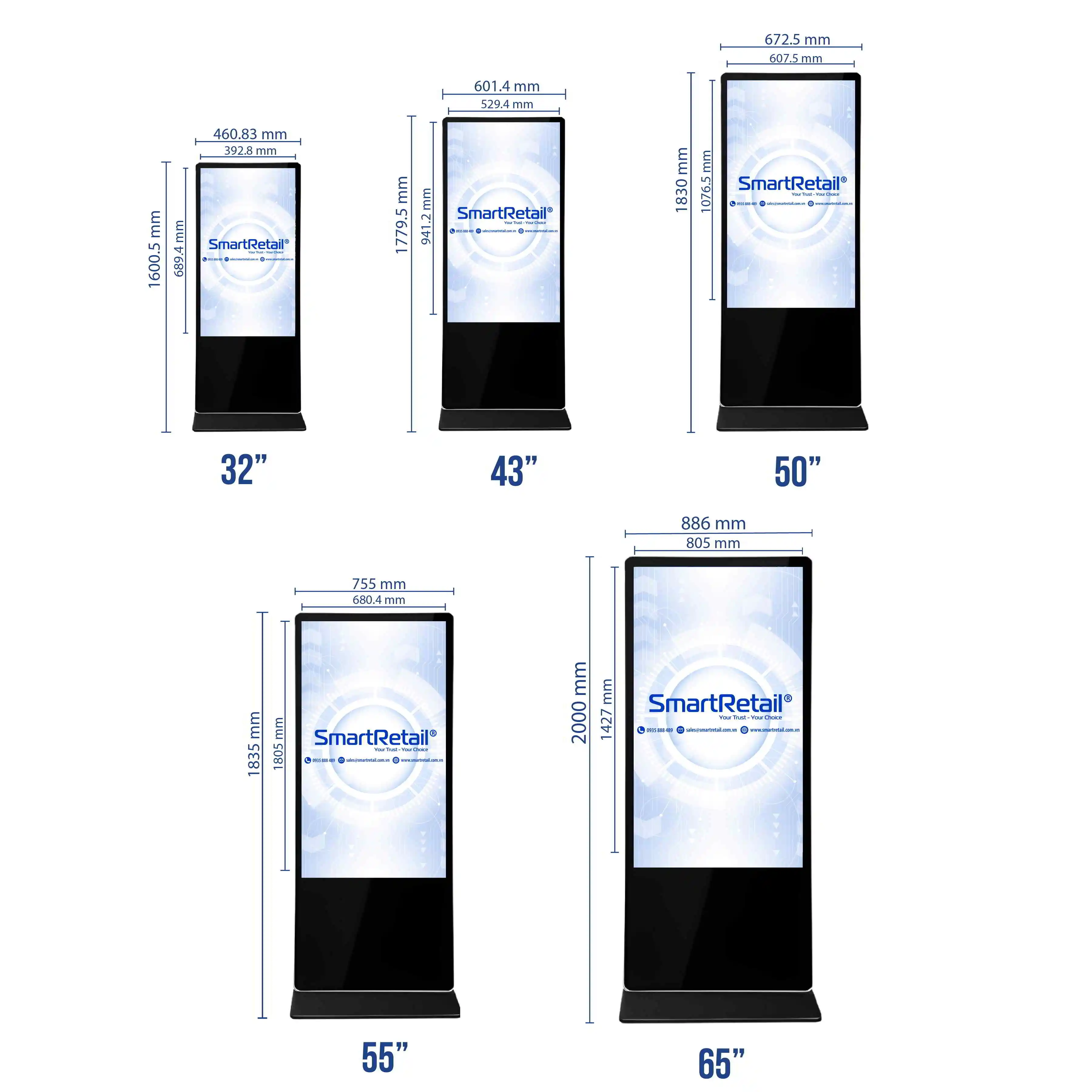 Bảng kích thước mẫu màn hình chân đứng cảm ứng | SmartRetail Bảng kích thước mẫu màn hình chân đứng cảm ứng