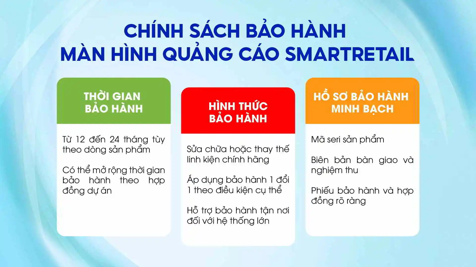 Chính sách bảo hành màn hình quảng cáo SmartRetail Chính sách bảo hành màn hình quảng cáo SmartRetail